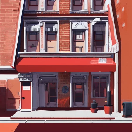 red, newyork apartmentbuilding, brick building, store front, marketplace, PaintStyle3