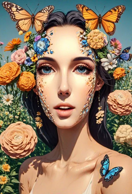 A beautiful woman face with flowers and butterflies, smiling, golden hour. Masterpiece, HD, 3D