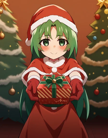 score_9, score_8_up, score_7_up, source_anime, <lora:shion-sonozaki-s4-ponyxl-lora-nochekaiser:1>, shion sonozaki, long hair, green eyes, green hair, parted bangs, hair ribbon, large breasts, <lora:santa-costume-ponyxl-lora-nochekaiser:1>, santa costume, santa hat, christmas, sack, merry christmas, gift, fur-trimmed headwear, holding sack, santa dress, fur-trimmed dress, christmas tree, christmas tree, fur trim, red capelet, gift box, red gloves, fur-trimmed capelet, santa gloves, red hat, hat,, smile, blush, looking at viewer, <lora:incoming-gift-ponyxl-lora-nochekaiser:1>, incoming gift, outstretched arms, holding, holding gift, gift, gift box,,