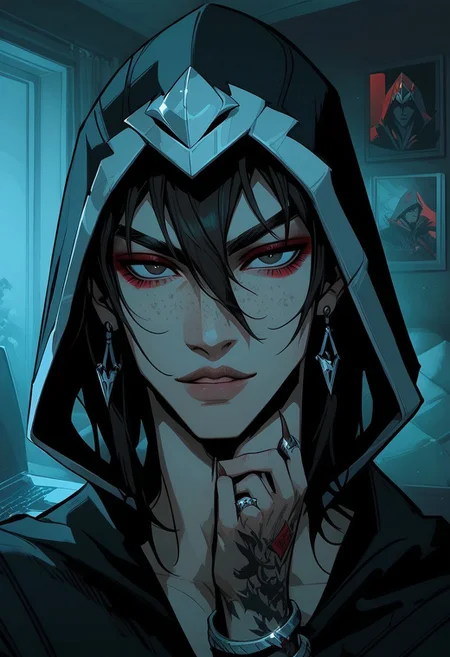 MALE, ONLY MAN, BOY, score_9, score_8_up, score_7_up, score_6_up, gthan, 1BOY, ClassicTalon, male focus, brown hair, brown eyes, hood, hood up, hair between eyes,
gothic, 18 year old, big lips, freckles, bangs, yakuza arm tattoos, makeup, long nails, indoors, smokey black eyeshadow, red eyeshadow, long eyelashes, eyeliner, full lips, close up on face, face close up, perfect hands, seductive smile, rings, bracelet, night, 
indoors, looking at viewer, great view, male earrings, portrait, smoke, boy's room, gaming laptop, messy room selfie,