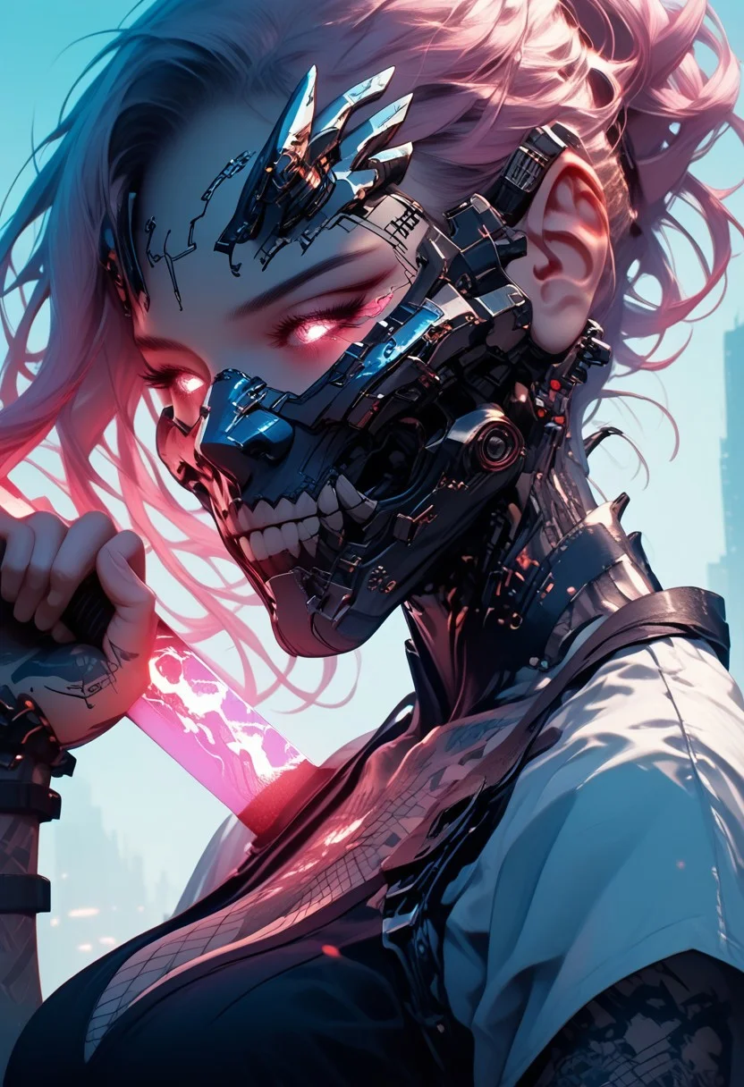 score_9, score_8_up, score_7_up, score_6_up, realistic, best quality,4k, masterpiece, realistic skin texture, Selena, 1girl, mouth mask, very long hair, wavy cut, pink hair, blue gradient hair, two tone hair, cybernetic eyes, swordsman, mask, holding a sword in hand, with glowing light effects, large breasts, beautiful face, beautiful lips, (black fishnet top), HD32k, posing, dynamic pose, cyberpunk, city, Dutch angle, Expressiveh, hkwarrior, arm0rpunkv4, bioluminescent, glowing, (exposed shoulders), (chest exposed),