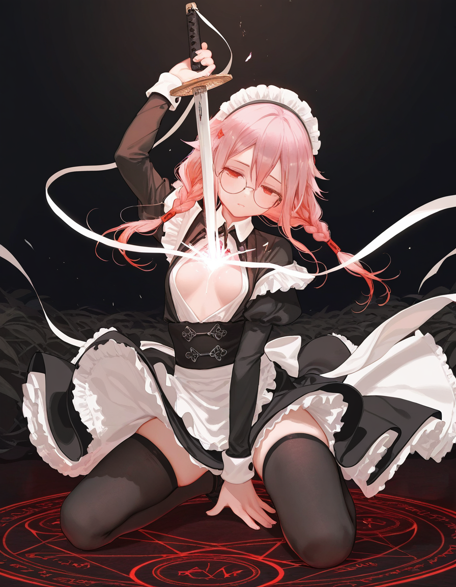 1girl, yuzuriha inori ,human scabbard, kneeling, magic circle, sword, twin braids, kneeling, wind, round eyewear, maid, wind lift, half-closed eyes, facing viewer, black background,  
(ciloranko:0.9524), kazutake hazano, kedama milk,(ask \(askzy\):0.9524), wanke, wlop, fujiyama, artisit:yuyu \(yuyuworks\),hiten \(hitenkei\),atrisit:dishwasher1910