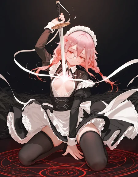 1girl, yuzuriha inori ,human scabbard, kneeling, magic circle, sword, twin braids, kneeling, wind, round eyewear, maid, wind lift, half-closed eyes, facing viewer, black background,  
(ciloranko:0.9524), kazutake hazano, kedama milk,(ask \(askzy\):0.9524), wanke, wlop, fujiyama, artisit:yuyu \(yuyuworks\),hiten \(hitenkei\),atrisit:dishwasher1910