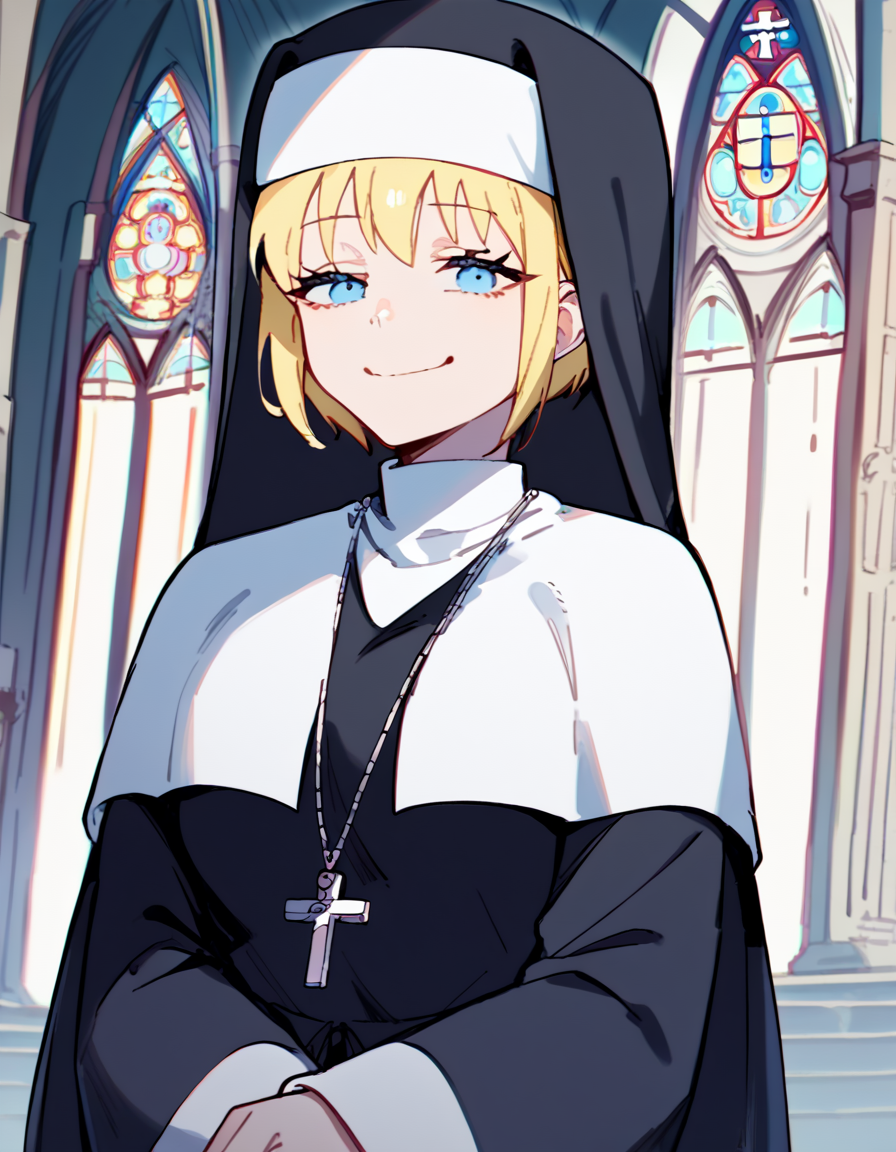 score_9, score_8_up, score_7_up, source_anime, <lora:fireforce-iris-s1s2-ponyxl-lora-nochekaiser:1>, iris, short hair, blonde hair, blue eyes, medium breasts,, <lora:traditional-nun-ponyxl-lora-nochekaiser:1>, traditional nun, nun, habit, long sleeves, dress, black dress, jewelry, black veil, cross, cross necklace,, church, smug, praying,, , dutch angle, cowboy shot