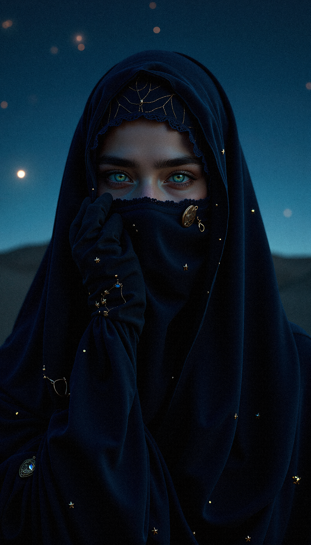 photorealistic image of a hijabi arab woman enveloped in a dark, flowing veil that is adorned with tiny, glowing stars. Her light green eyes, the only visible feature, are captivating, glowing softly under the moonlight. The background is a serene night sky filled with shimmering stars and subtle light rays, giving her an almost celestial aura.

a rich, flowing velvet fabric for her abaya that absorbs light, giving her outfit a soft, matte finish.celestial-themed jewelry accents, such as small moon and star charms on her veil and earrings, enhancing the mystical feel.a delicate lace trim with star motifs along the edges of her veil and abaya, highlighting her elegance and modesty.softly glowing hijab pins shaped like stars or moons, securing her veil in place with elegance. gold leaf detailing on her abaya’s borders, reflecting the light and adding a touch of elegance to her outfit.a midnight blue hijab with subtle, woven patterns that resemble constellations, contrasting gently with her dark abaya.Line the inside of her abaya sleeves with a soft, shimmering silk fabric that shows when she moves, adding a luxurious touch.

 gentle light rays filtering through the background, adding a sense of depth and illuminating her figure subtly.Highlight the intricate lace detail on her veil with soft lighting, emphasizing its texture and craftsmanship.a faint, silhouetted landscape in the background, such as a distant mountain or sand dune, lightly illuminated by the starlight.

Her facial aesthetics include a soft shadow under her eyes, giving them depth and enhancing her intense gaze.a soft, glossy finish to her lips, making them look hydrated and defined.slight, natural eye bags to add depth and a hint of realism to her serene appearance.a soft highlight under her eyebrows, accentuating their natural arch and shape.

One hand is raised slightly in front of her, palm facing upwards in a gentle gesture, eyes looking softly at her hand.
