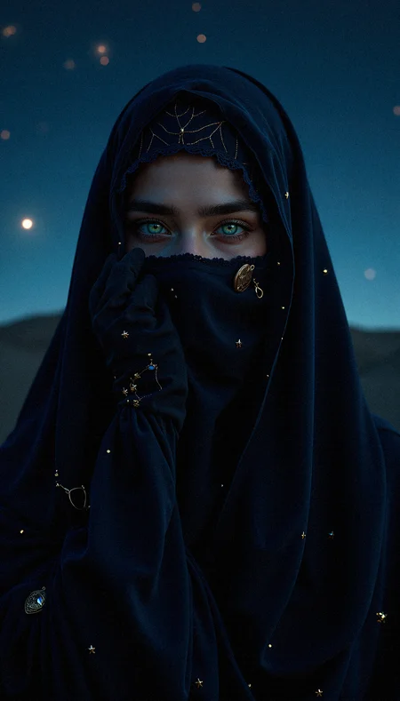 photorealistic image of a hijabi arab woman enveloped in a dark, flowing veil that is adorned with tiny, glowing stars. Her light green eyes, the only visible feature, are captivating, glowing softly under the moonlight. The background is a serene night sky filled with shimmering stars and subtle light rays, giving her an almost celestial aura.

a rich, flowing velvet fabric for her abaya that absorbs light, giving her outfit a soft, matte finish.celestial-themed jewelry accents, such as small moon and star charms on her veil and earrings, enhancing the mystical feel.a delicate lace trim with star motifs along the edges of her veil and abaya, highlighting her elegance and modesty.softly glowing hijab pins shaped like stars or moons, securing her veil in place with elegance. gold leaf detailing on her abaya’s borders, reflecting the light and adding a touch of elegance to her outfit.a midnight blue hijab with subtle, woven patterns that resemble constellations, contrasting gently with her dark abaya.Line the inside of her abaya sleeves with a soft, shimmering silk fabric that shows when she moves, adding a luxurious touch.

 gentle light rays filtering through the background, adding a sense of depth and illuminating her figure subtly.Highlight the intricate lace detail on her veil with soft lighting, emphasizing its texture and craftsmanship.a faint, silhouetted landscape in the background, such as a distant mountain or sand dune, lightly illuminated by the starlight.

Her facial aesthetics include a soft shadow under her eyes, giving them depth and enhancing her intense gaze.a soft, glossy finish to her lips, making them look hydrated and defined.slight, natural eye bags to add depth and a hint of realism to her serene appearance.a soft highlight under her eyebrows, accentuating their natural arch and shape.

One hand is raised slightly in front of her, palm facing upwards in a gentle gesture, eyes looking softly at her hand.
