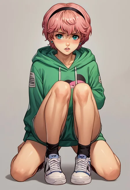 score_9, score_8_up, score_7_up, source_anime,
, (best quality) , (highly detailed) ,masterpiece ,absurdres ,detailed face ,beautiful face ,
<lora:pony_xl_Hildegard:0.8>,Hildegard,score_9,score_8_up,1girl,female,,solo,short hair,earrings blond hair, wavy hair
hood, weapon, sword, sneakers, hoodie, katana, shoes, looking at viewer, flower, ribbon, long sleeves, grey background, socks, alternate costume, black ribbon, bangs, hair ribbon, hairband,, black hairband, sheath, pink flower, full body, kneeling, green hoodie, black socks, holding, clothes writing, gradient, hood down, sheathed, sleeves past wrists, drawstring, contemporary, gradient background, simple background, hitodama, parted lips, scabbard, puffy sleeves, nike, bag, puffy long sleeves, shadow, blush, youmu
best quality, masterpiece, very aesthetic, ,,(portrait, upper body),
OverallDetail