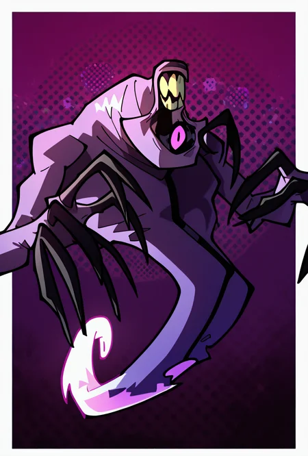 <lora:zskayr-10:1> zskayr, no humans, solo, monster, teeth, black claws, pokemon (creature), single purple eye, , purple skin, sharp teeth, , black sclera,, ghost tail, upper body, , no legs, dynamic pose, cowboy shot, purple background, <lora:sakfsdajfkasd:1> alpharecdyt,, masterpiece, best quality, amazing quality, very aesthetic, absurdres, newest,, upper body, halftone effect, white borders, abstract background:1.2,