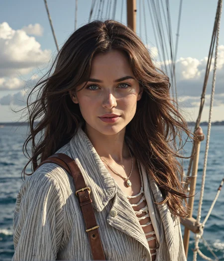3mm4w, art by Denis Sarazhin, Refined Nautical Girl, dramatic lighting, detailed textures, cinematic, portrait art by Classic Disney