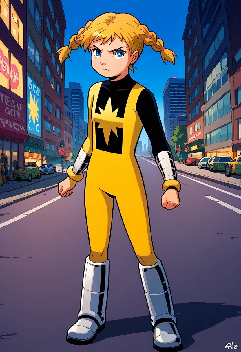 score_8, score_8_up, score_7_up, 1girl, solo, female focus, Katie_PP, blue eyes, blonde hair, twintails, short twintails, twin braids, flat chest, Power Pack uniform, asymmetrical clothes, star (symbol), ener_logo, print bodysuit, yellow bodysuit, black bodysuit, bracers, metal bracers, knee boots, metal boots, serious expression, standing, full body, outdoors, new york city background, street,