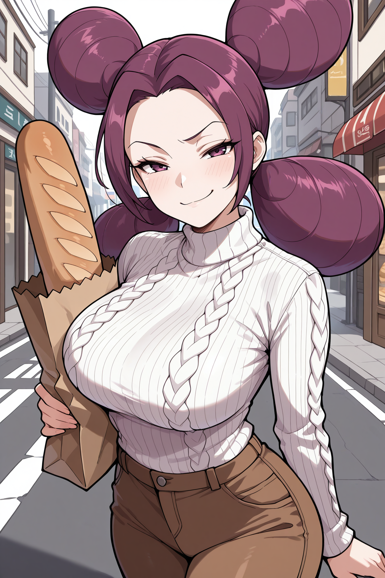 masterpiece, best quality, 1girl, solo, <lora:fantina-illu-nvwls-v1-000007:1> pmmlsa, purple hair, low twintails, double bun, large breasts, white sweater, turtleneck, cable-knit sweater, brown pants, street, holding baguette in paper bag, looking at viewer, smile, smug