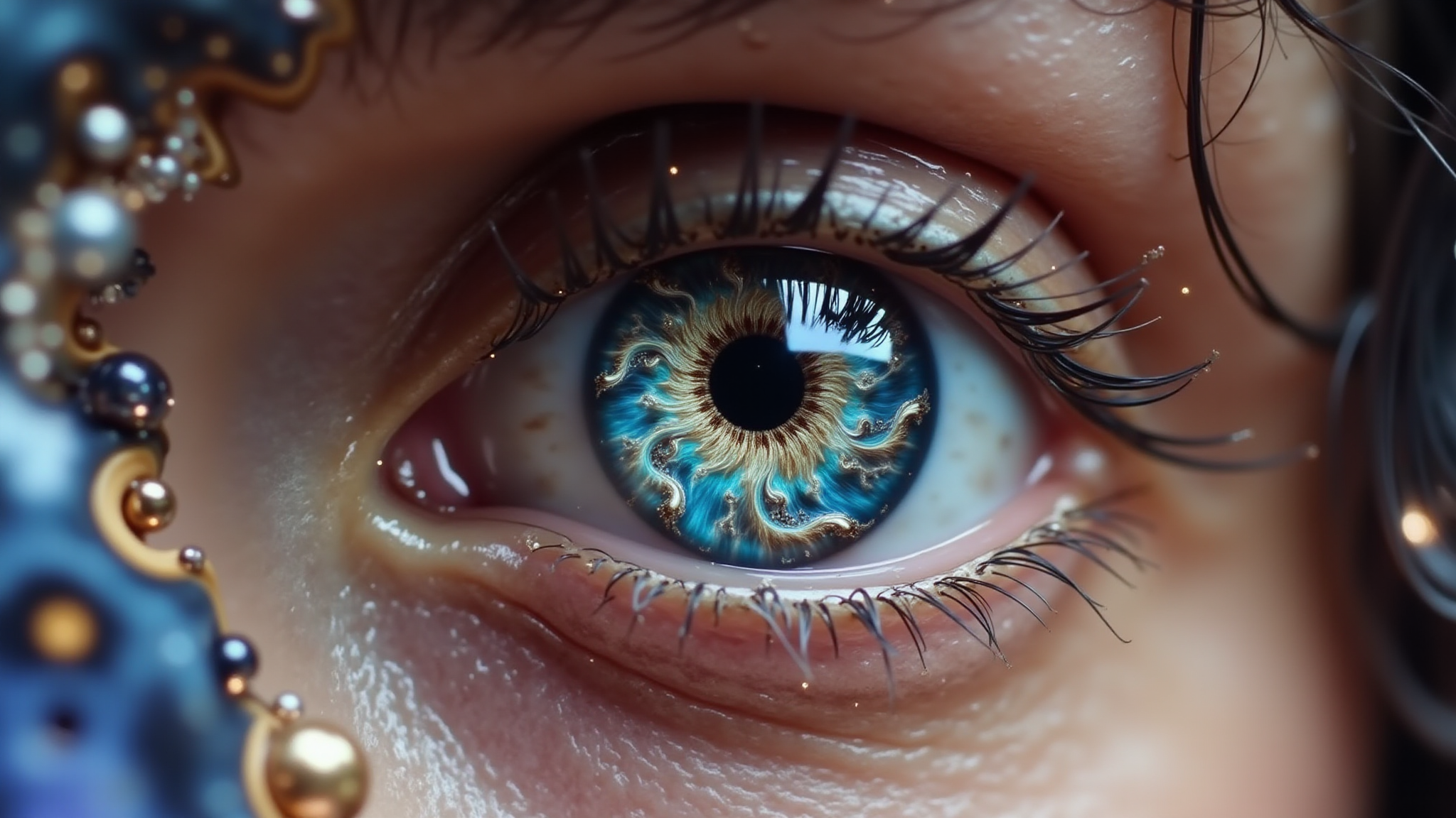 A close-up shot reveals the captivating eye of a woman, where her iris is transformed into a stunning fractal design filled with swirling patterns in vibrant colors of deep indigo, radiant turquoise, and shimmering gold. The fractal draws the viewer deeper into its complex geometry, embodying the essence of C183kw8rx. Her eyelashes frame the eye gracefully, while the sclera glistens softly, reflecting light and enhancing the depth of her gaze. In the blurred background, pastel hues swirl gently, harmonizing with the fractal, while a faint mandelbrot pattern pulses along the edges, merging the surreal beauty of the design with retro-futurist cosmic surrealism.
<lora:C183kw8rx_v3_c5f1f0ef:1.4> <lora:retro-futurist-cosmic-surrealism-flux:1.1>
