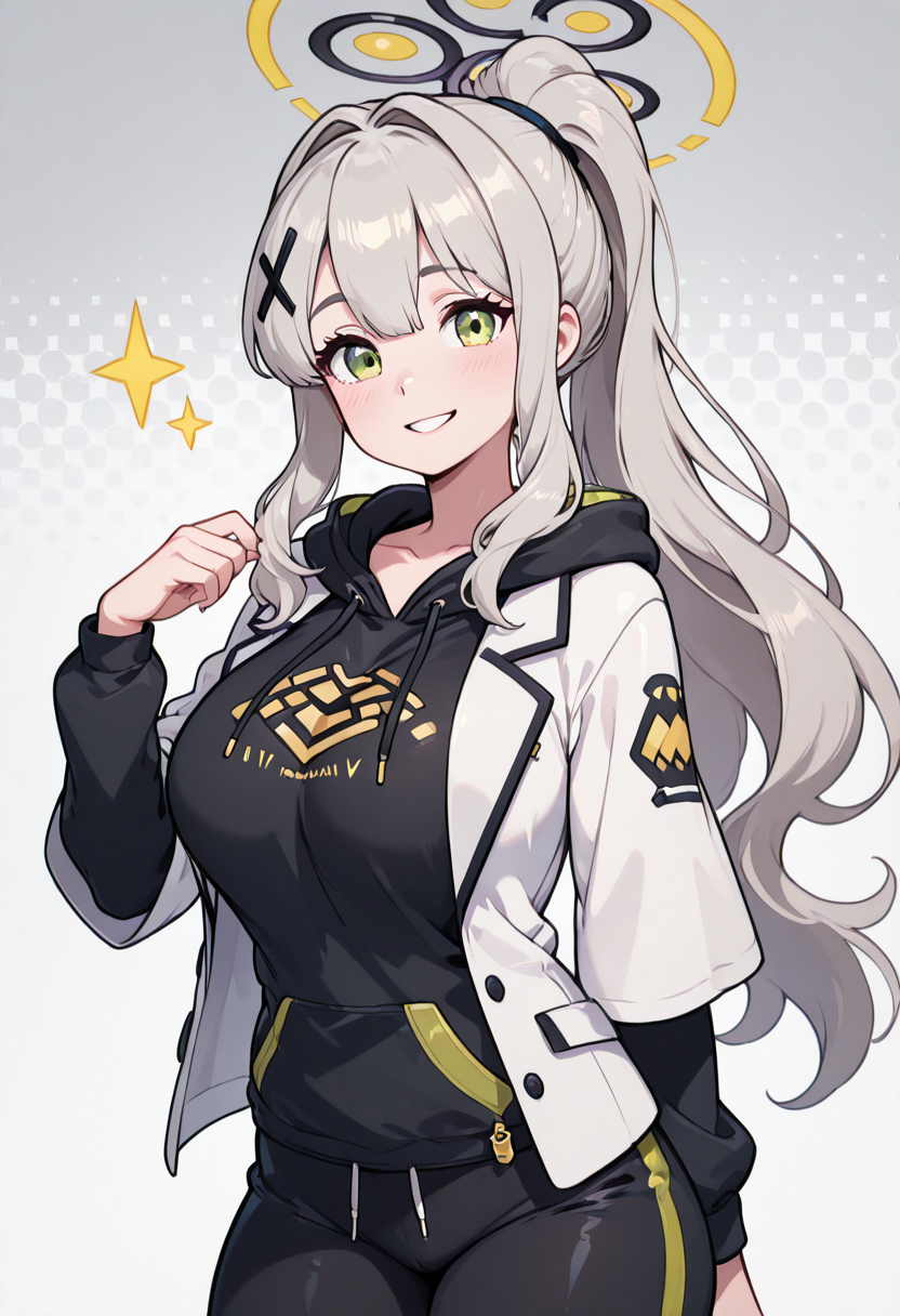 masterpiece, best quality, solo, curvy, beautiful eyes, narrow waist, wide hips, 1girl, solo, smile, looking at viewer,   zzHare, green eyes, grey hair, long hair, ponytail, x hair ornament, hair between eyes, green halo, hair intakes,  black hoodie, open clothes, white jacket,  <lora:OmagariHareBlueArchive_IXL_v1:1.0>, , smile, looking at viewer, cowboy shot, dynamic pose, abstract background,  <lora:VividIXL_v2:0.7>,