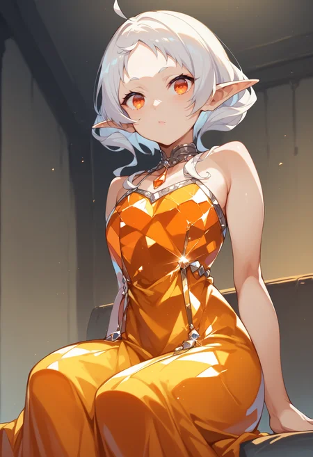 score_9, score_8_up, score_7_up, score_6_up, source anime,
eihplyspnxl, sylphiette \(mushoku tensei\), pointy ears, elf, short hair, sidelocks, orange eyes,
crystalline dress, bare shoulders, looking at viewer, from below , hip vent, wariza, sitting,
volumetric lighting, low key, high contrast, dark room, furniture, indoors, vivid color,
masterpeice, best quality, very aesthetic, absurdres
<lora:sylphiette:0.6>
<lora:crystalline_dress-PD-1.0:1>