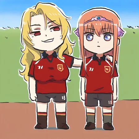 masterpiece, amazing quality, 2girls, MayaCordelia, AliciaViewstream, side by side, (hand on another's shoulder:1.1), evil smile, tiara, outdoors, short sleeves, soccer uniform, shorts, grass, xinzoruo, chibi, full body, <lora:Maya&Alicia-ilxl:0.5>, <lora:XinzoruoStyle2_AnimagineXLv3:0.5>