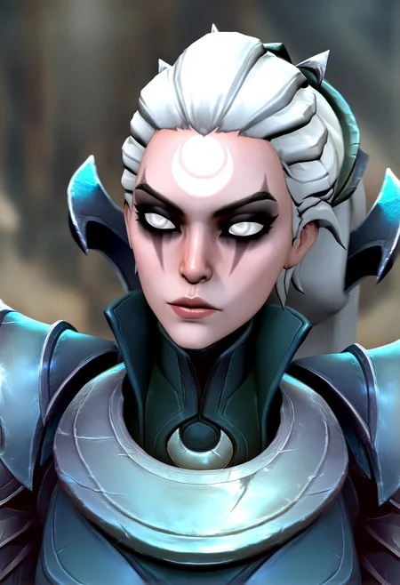 masterpiece,  3d,1girl, diana \(league of legends\), league of legends, solo, crescent facial mark,forehead mark, nose, facial mark,white eyes,long hair, white hair, lips, bodysuit, armor, spikes,