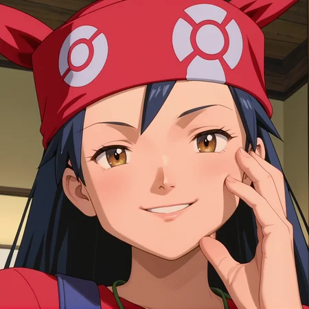 score_9, score_8_up, score_7_up, 1girl, solo, source_anime, anime_screencap, pkmLisa, red bandana, brown eyes, red shirt,  face focus, close up, holding her face in her hand, looking at viewer, smiling, warm smile,  half closed eyes, <lora:pkmLisa:1>