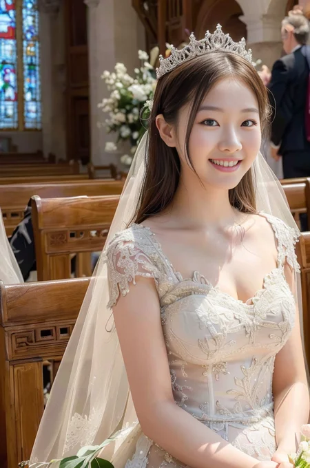 (best quality:1.4), (ultra highres:1.2), (8k, RAW photo:1.2), (looking at viewer:1.2),chinese girl wearing wedding dress, in the church ,Smile, (natural light),(rim light), <lora:Wedding dressV1:0.6> , <lora:MandyV2:0.4>