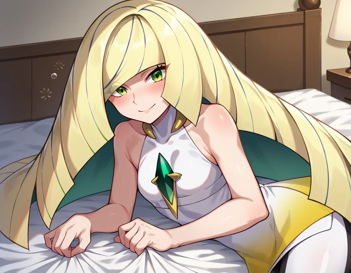 score_9, score_8_up, score_7_up, source_anime,
pokemonlusamine, <lora:pokemon-lusamine-ponyxl-lora-nochekaiser:1>
pokemonlusamine, blonde hair, green eyes, hair over one eye, long hair, multicolored hair, streaked hair, very long hair, smile,
bare arms, diamond \(shape\), dress, gem, green gemstone, leggings, short dress, sleeveless, sleeveless dress, white dress, white leggings,
indoors, bed, bed room, on side, blush, drunk,
looking at viewer, dutch angle, cowboy shot,