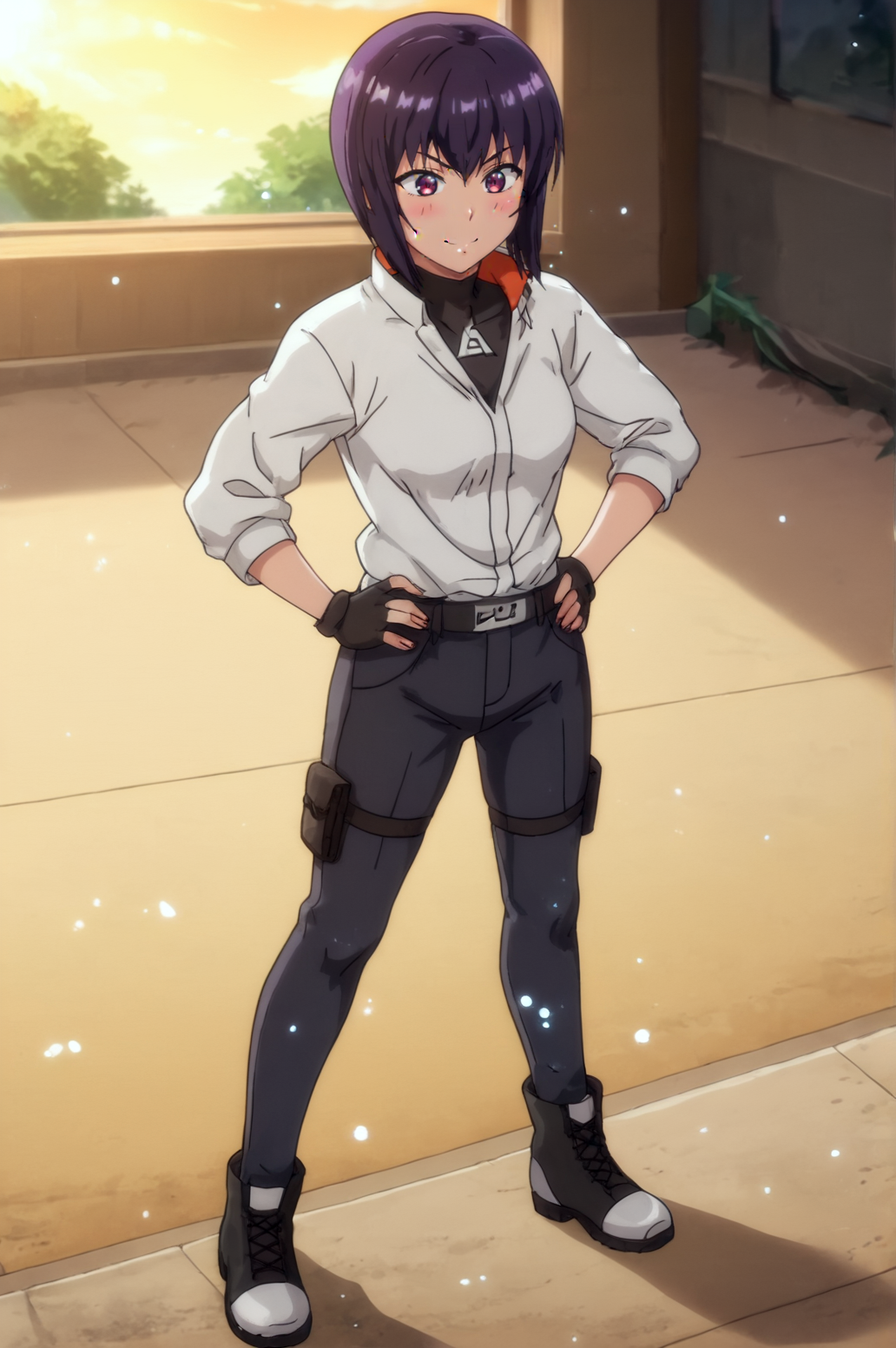score_9, score_8_up, score_7_up,anime_source, source_anime, best background, detailed background, anime screencap,  Matoko Kusanagi SAC 2045, Main Outfit, indoors, blush, dynamic angle, dynamic pose, hands on hips, outdoors, sun, soft particles, full body, soft smile,  <lora:JN_Matoko_Kusanagi_SAC_2045:0.8> <lora:JN_Saimin_Seishidou_ArtStyle:0.8>