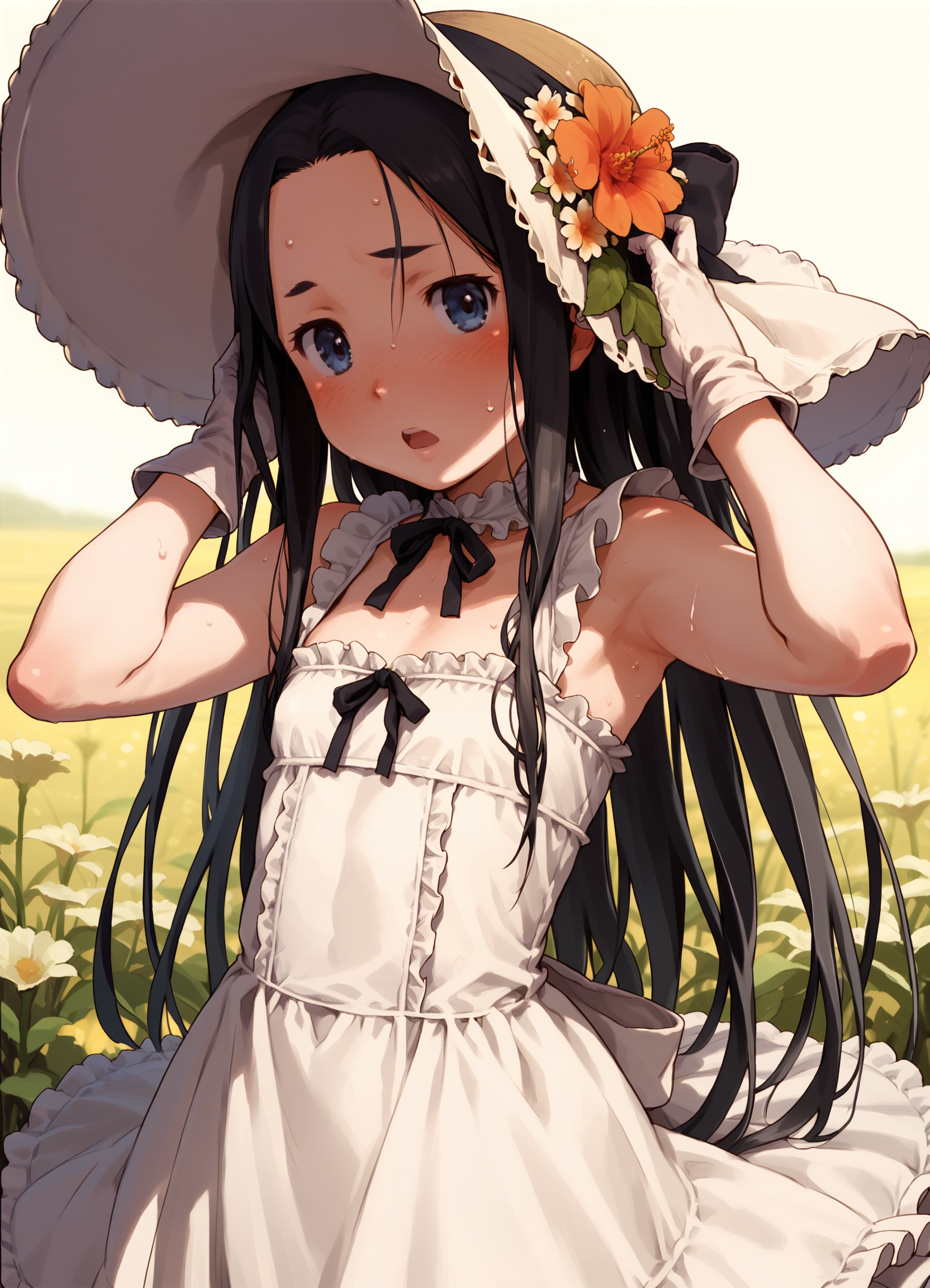 score_9, score_8_up, score_7_up, cowboy shot, 1girl, solo, hat, black hair, long hair,  gloves, flower,  dress, sun hat, blush, blue eyes, forehead , open mouth, flat chest, frills, hands on headwear, sweat,  grassland, flower,   <lora:naruko_hanaharu_Pony_dim32:0.8>