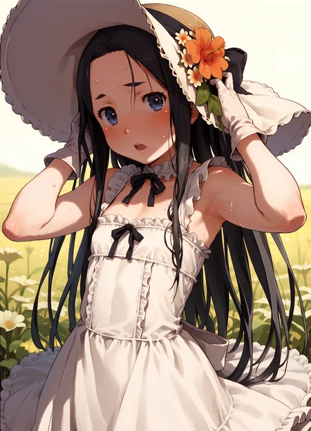score_9, score_8_up, score_7_up, cowboy shot, 1girl, solo, hat, black hair, long hair, gloves, flower, dress, sun hat, blush, blue eyes, forehead , open mouth, flat chest, frills, hands on headwear, sweat, grassland, flower, <lora:naruko_hanaharu_Pony_dim32:0.8>