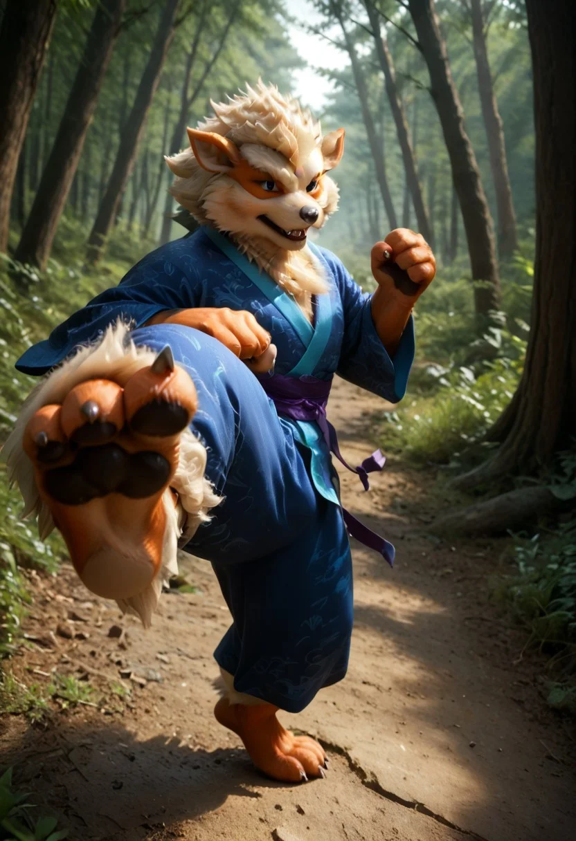(((Barefoot furry character, full body, cinematic setting, furry male, plantigrade)))
(((Arcanine))), ((blue kimono and pants, training kung-fu on training ground in the forest, fighting stance, dynamic pose, perform side kick)), (((nice feet paws, three toes, claws, pawpad)))
BREAK, intricate details, highly detailed, extreme detail, octane render, fine art, best quality, highres, (detailed face:1.5), ((full_body)), UHD, (((perfect hands))), low light