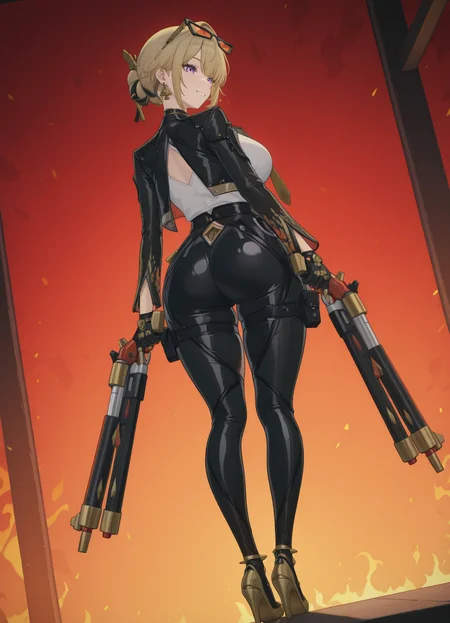masterpiece,best quality,limited color palette,lineart,leather jacket,gold tie,black leather pants,white shirt,gold high heels,sunglasses,smiling,<lora:Hoseki_ZenlessZoneZero_BurniceWhite_IllustriousXL_v1:0.7>,(brncwht:0.5),Evelyn,solo,(glasses on the head:1.2),blond hair,hair ornaments,earrings,purple eyes,hair bun,beautiful frame,<lora:Evelyn_-_Zenless_Zone_Zero_ZZZ_-_Illustrious:0.9>,large breasts,double firethrower,(full body:0.5),((gunfire)),thighhighs,fire background,skirt,<lora:Pulchra:1>,(fire edgMM:1.3),flames around,dynamic_angle,from behind,hip_focus,looking_ahead,