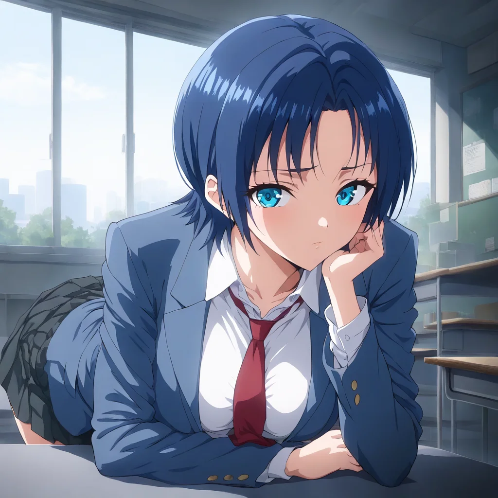 masterpiece,high score,great score,absurdres,looking at viewer,1girl,solo,school_uniform,skirt,<lora:Nakayama ag4o v1:1> nakayama, blue hair, short hair, blue eyes,