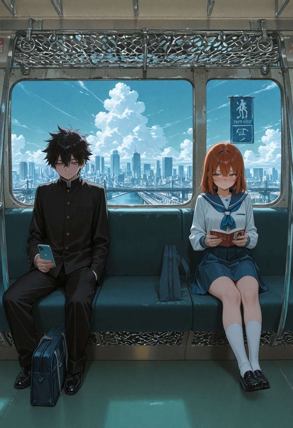 1boy, black hair, spiked hair, loose bangs, pink eyes, detailed eyes, japanese school uniform, black uniform, dress shoes, high collar, hand in pocket, school bag, holding phone,
1girl, medium hair, auburn hair, hair between eyes, crossed bangs, orange eyes, detailed eyes, serafuku, white sailor shirt, long sleeves, blue trim, blue sailor collar, blue bleated skirt, white knee socks, dress shoes, sitting, holding book, reading book,
train interior, cityscape, bridge, iron rail, blue sky, fluffy clouds, pigeons, sunny day,        
masterpiece, best quality, amazing quality, very aesthetic, absurdres, newest, flat_color