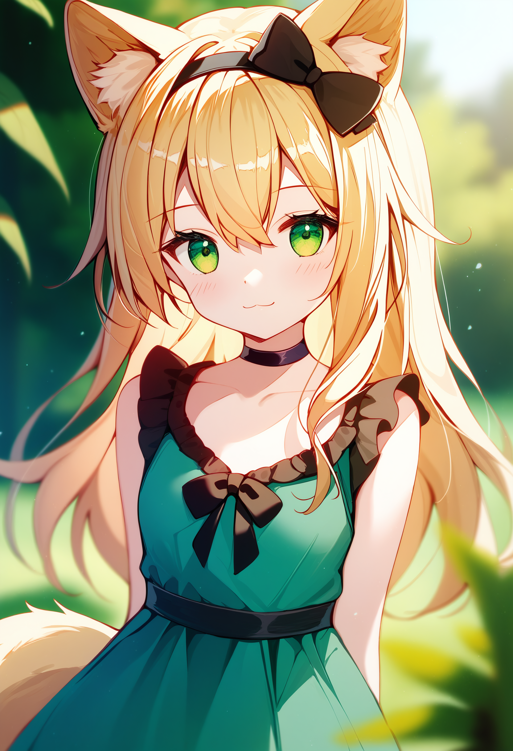 podenco \(arknights\), 1girl, animal ears, solo, dress, blonde hair, green eyes, smile, sleeveless, looking at viewer, black hairband, green dress, long hair, hairband, sleeveless dress, blurry, outdoors, choker, black bow, bow, black choker, hair bow, official alternate costume, dog ears, closed mouth, blurry background, hair between eyes, blush, tail, animal ear fluff, depth of field, upper body, day, dog girl, plant,
absurdres, score_9, score_8_up, score_7_up, score_6_up, best quality, masterpiece, very aesthetic <lora:dog_girl_concepts_v1.2:1>