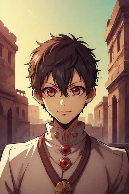 zPDXL, score_9, score_8_up, score_7_up, , , rating_safe, , looking at viewer, , 1boy, amamiya ren, persona, black hair, red eyes, solo, panorama, ancient ruins, dusk, v, peace sign, happy, <lora:hanako-kun_style_pony:1.14>, hanako-kun_style, , <lora:sdxl_lightning_8step_lora:1>