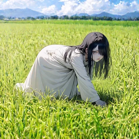 summer,green field,(realistic:0.1), 
1girl,Crawling out,leaning forward, black hair,long hair,hair over one eye, straight hair,gray skin,white spooky dress,simple long dress,(yamamura sadako:1.2),(expressionless:1.2),jitome ,long sleeves, open mouth, looking at viewer, 
,blue sky,huge cloud,blue background,
<lora:Rice_field_r2:0.7>,best quality, masterpiece,<lora:hand 4:0.6>