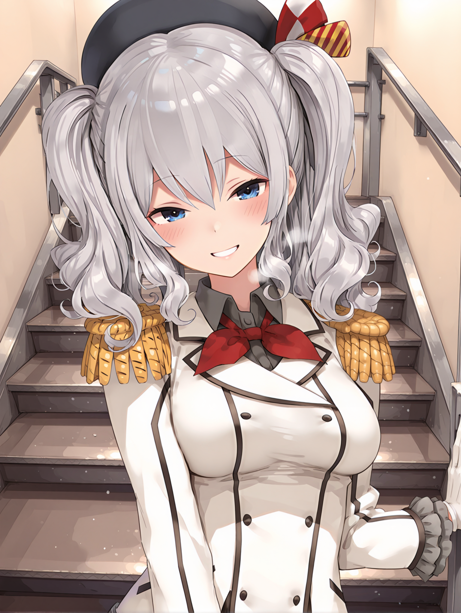 masterpiece,best quality,newest,
1girl,solo,
kashima,k_hat,black beret,k_clothes,epaulettes,white jacket,long_sleeves,<lora:Fixhands_anime_bdsqlsz_V1:1>,<lora:emergency_stairs_ilxl_v1.0:1>,e_stairs,grin,standing,<lora:kashima_ilxl_v1.2:1>,looking_at_viewer,from_side,upper_body,heavy_breathing,blush,