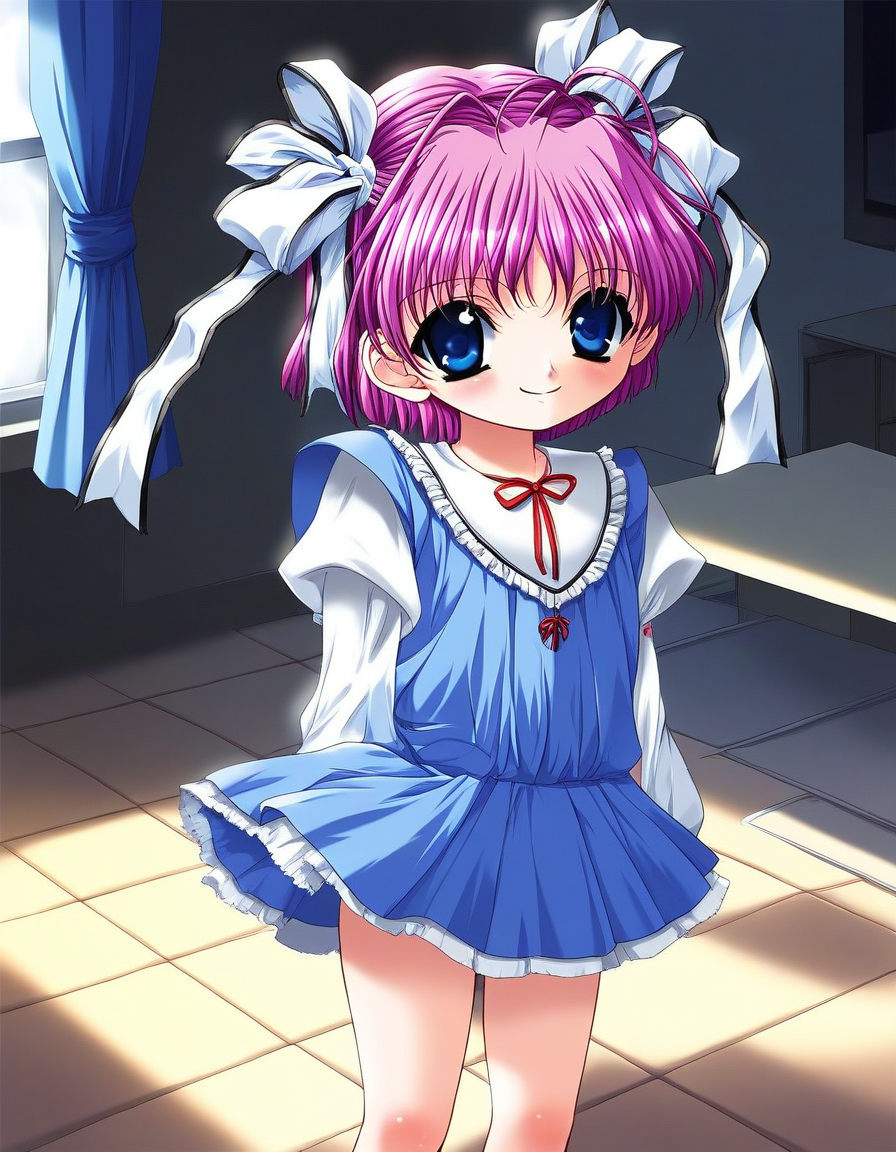 score_9, score_8_up, score_7_up, source_anime, rating_explicit, BREAK  <lora:Kago_Noa_Ver2.0_XL:1> KagoNoa, pink hair, purple hair, blue eyes, hair ribbon, white ribbon, short hair, otoko no ko,  flat chest, short stack,
1girl, solo, long sleeves, skirt, smile,
room, flooring,