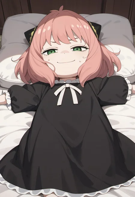 score_9, score_8_up, score_7_up, source_anime, anya forger, pink hair, female child, child, green eyes, medium hair, 1girl, solo, sweat, lying, on back, black dress, smile, smug, dress