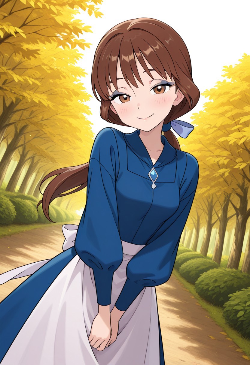 masterpiece, best quality, amazing quality, very aesthetic, absurdres, newest, 4k, 8k, dynamic angle, official style, sugimorixd, outdoors, 
1girl, solo, blue dress, looking at viewer, long hair, brown hair, brown eyes, bellexd, low ponytail, white apron, long sleeves, blue hairbow,
happy, content, eyes half closed, blush, light black eyeshadow, 
<lora:Expression_Detailer_Illustrious_Lora:1>,  ,<lora:sugimoi:1> <lora:Bella:1>