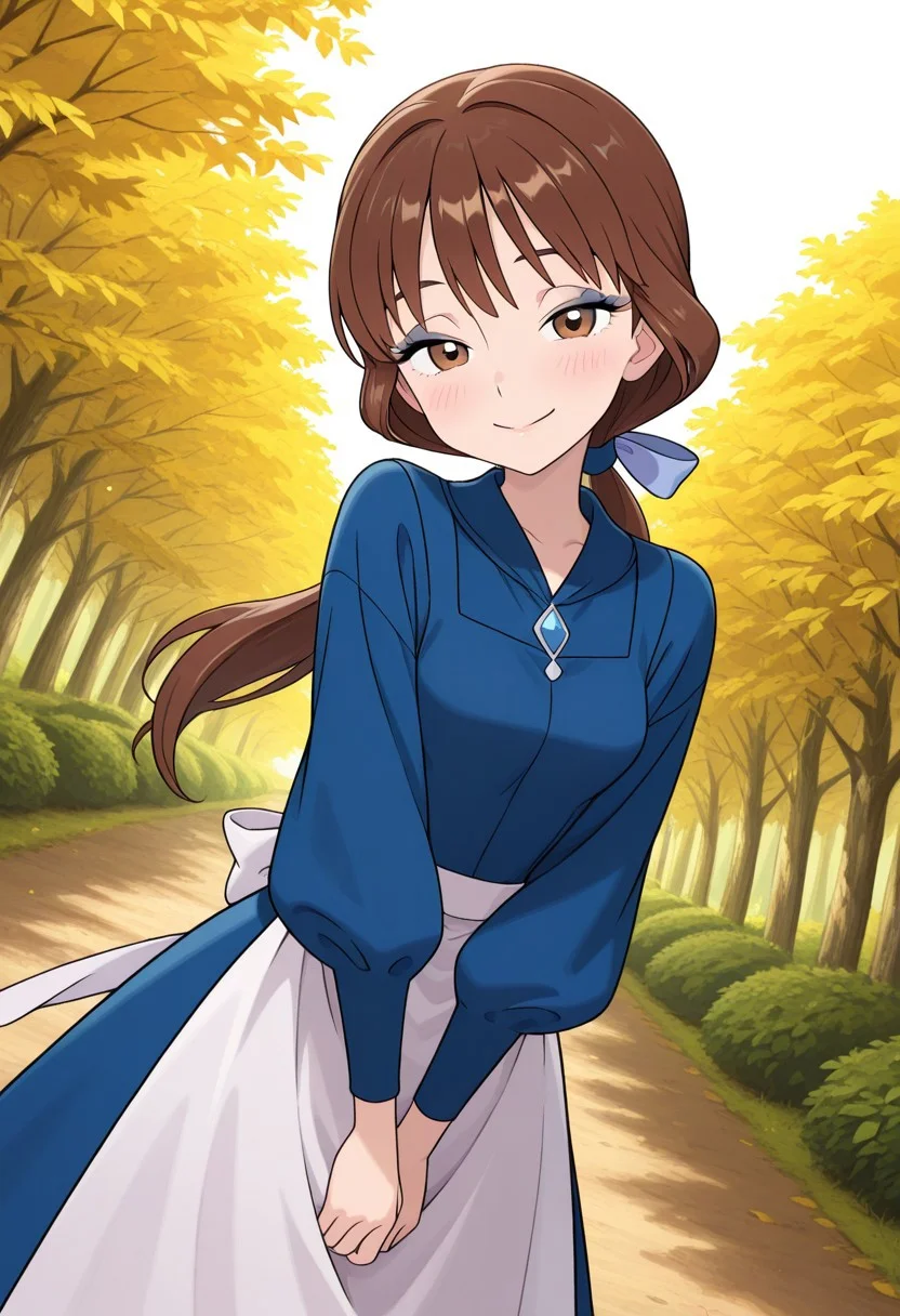 masterpiece, best quality, amazing quality, very aesthetic, absurdres, newest, 4k, 8k, dynamic angle, official style, sugimorixd, outdoors,
1girl, solo, blue dress, looking at viewer, long hair, brown hair, brown eyes, bellexd, low ponytail, white apron, long sleeves, blue hairbow,
happy, content, eyes half closed, blush, light black eyeshadow,
<lora:Expression_Detailer_Illustrious_Lora:1>, ,<lora:sugimoi:1> <lora:Bella:1>