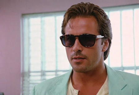 MiamiVice, Sonny Crockett, man, shades, closeup, office, back light, indoors, highly detailed, 4K, ((stylish grainy analog 35mm photo))