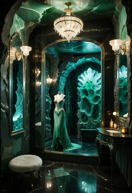 a burlesque dancer's dressing room within a crystal cavern; the cavern wall is a granite texture made from obsidian, jade, and quartz or agate. (The room is illuminated by a pair frosted-jade sconces that flank a vanity mirror), beautiful dresses hang from a clothing rack next to an ornate armoire. the overall ambience combines a sense of intrigue with opulence.