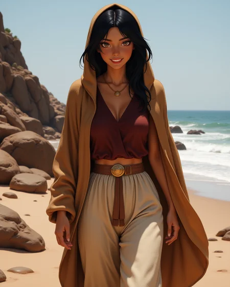 wide shot, looking at viewer, outdoors daylight, 20 year old woman, Joyful with a bright smile, eyes crinkling at the corners, and cheeks lifted in delight.
<lora:Disney_-_Jasmine_v2-000030:1> d-jasmine a 20 year old adult woman with brown eyes , black hair and dark skin. 
a stealthy young woman with black hair hidden under a tan shawl, wearing a humble maroon tunic with belted waist, loose cream-colored pants, simple sandals,
A woman walks along a rocky shoreline, her footsteps soft on the uneven terrain as she watches the waves crash against the jagged rocks.