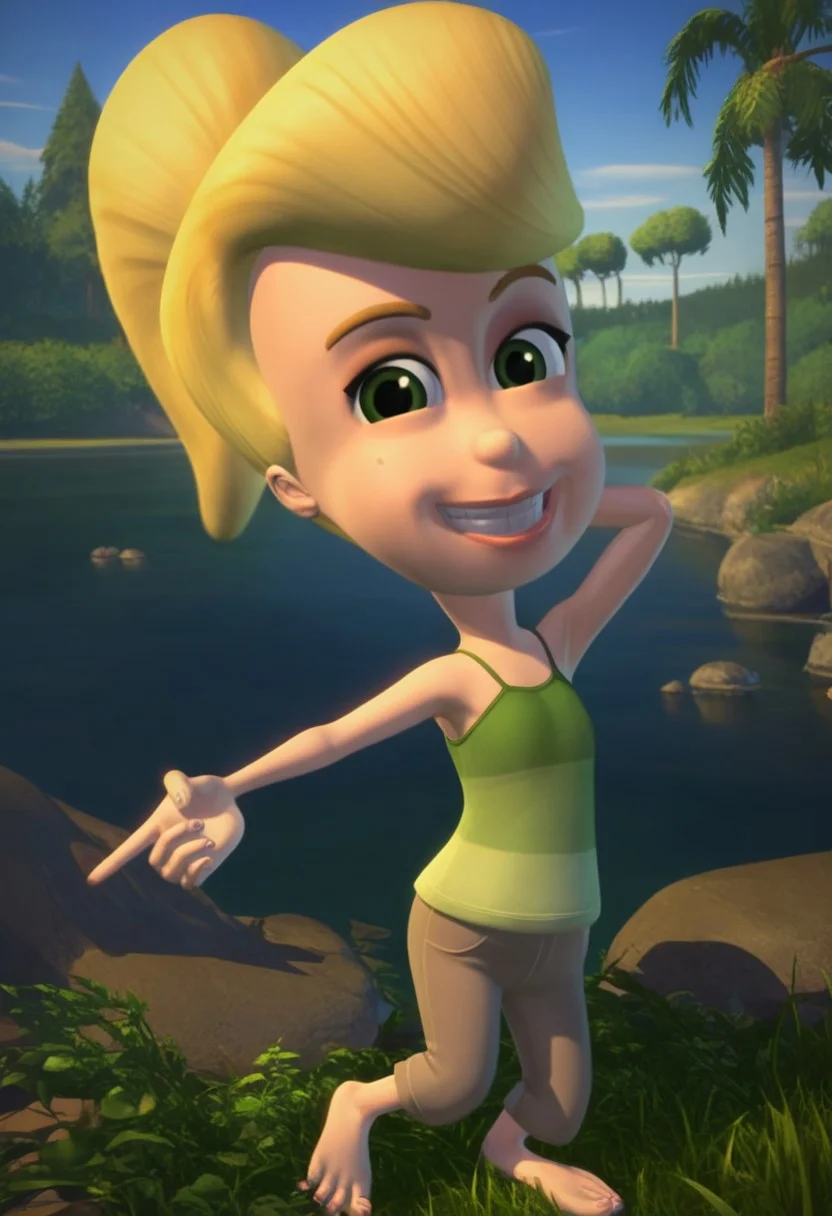 Score_9_up, score_8_up, score_7_up, 1girl, solo, cindy vortex, green shirt, beige pants, ponytail, blonde hair, smile, one hand behind head, armpits, armpit focus, mouth closed, looking at viewer, 3D, cute, flat chest,
outdoors, forest, lake, barefoot, full body,