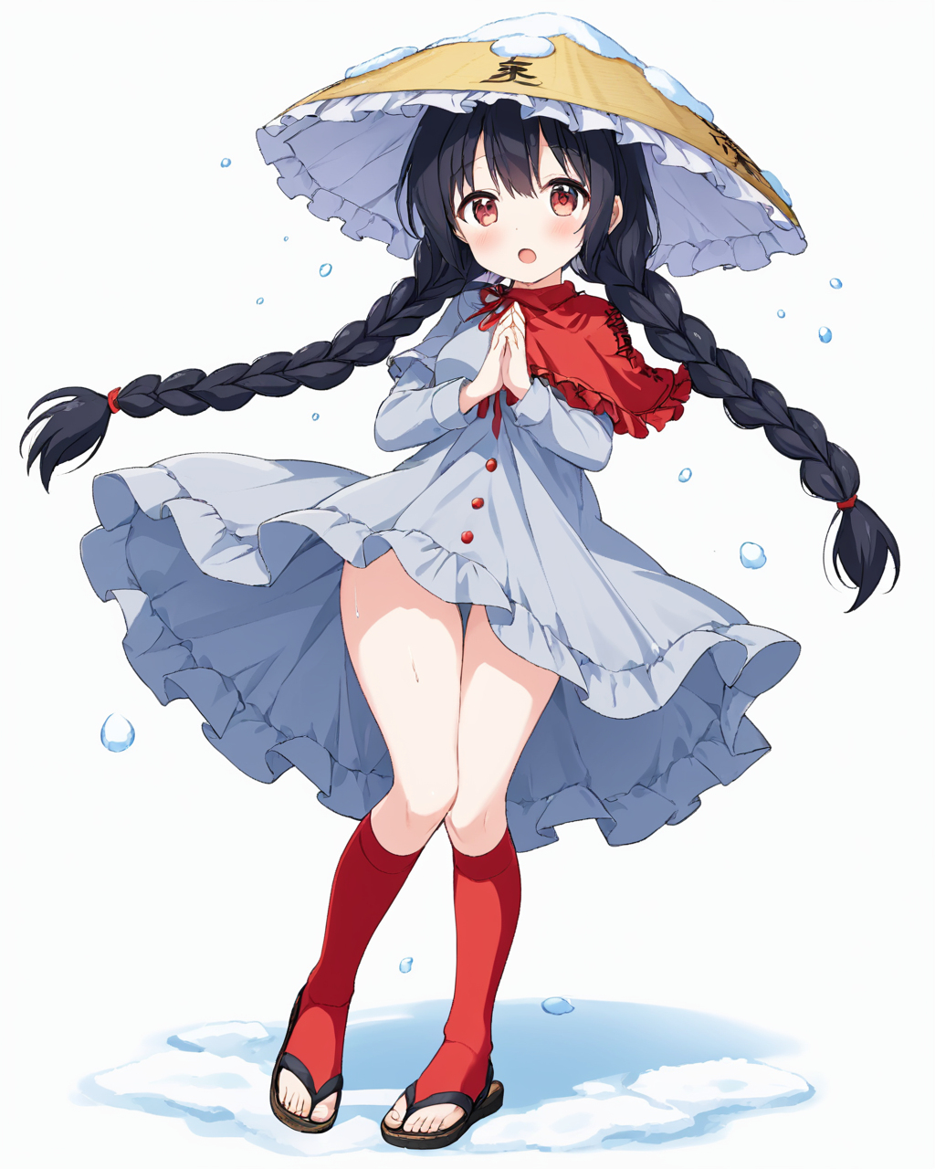 yatadera narumi,1girl, solo, ajirogasa, twin_braids, looking_at_viewer, red_socks, wariza, blush, sandals, long_sleeves, white_background, grey_dress, snow, open_mouth, torn_dress, red_capelet, thighs, medium_breasts, clothes_writing, frills, tears
<lora:yatadera_narumi_image528_2023-12-20:1>,star-shaped_pupils,symbol-shaped_pupils,. gorgeous,key visual, vibrant, studio anime,award-winning, professional, highly detailed,high budget, cinemascope