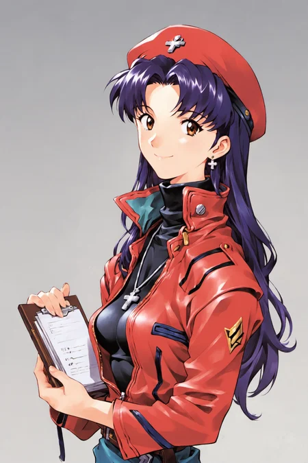katsuragi misato,1girl,jewelry,hat,jacket,red jacket,turtleneck,long sleeves,holding,open clothes,open jacket,long hair,smile,bangs,necklace,breasts,signature,purple hair,upper body,closed mouth,parted bangs,white background,solo,earrings,cross,stud earrings,black shirt,beret,brown eyes,uniform,red headwear,cross necklace,shadow,looking at viewer,zipper,belt,simple background,looking to the side,military,medium breasts,military uniform,light smile,small breasts,pendant,clipboard,zipper pull tab,holding book,cropped torso,silhouette,score_9,score_8_up,<lora:Sadamoto Yoshiyuki_XL_PONY:0.9>,