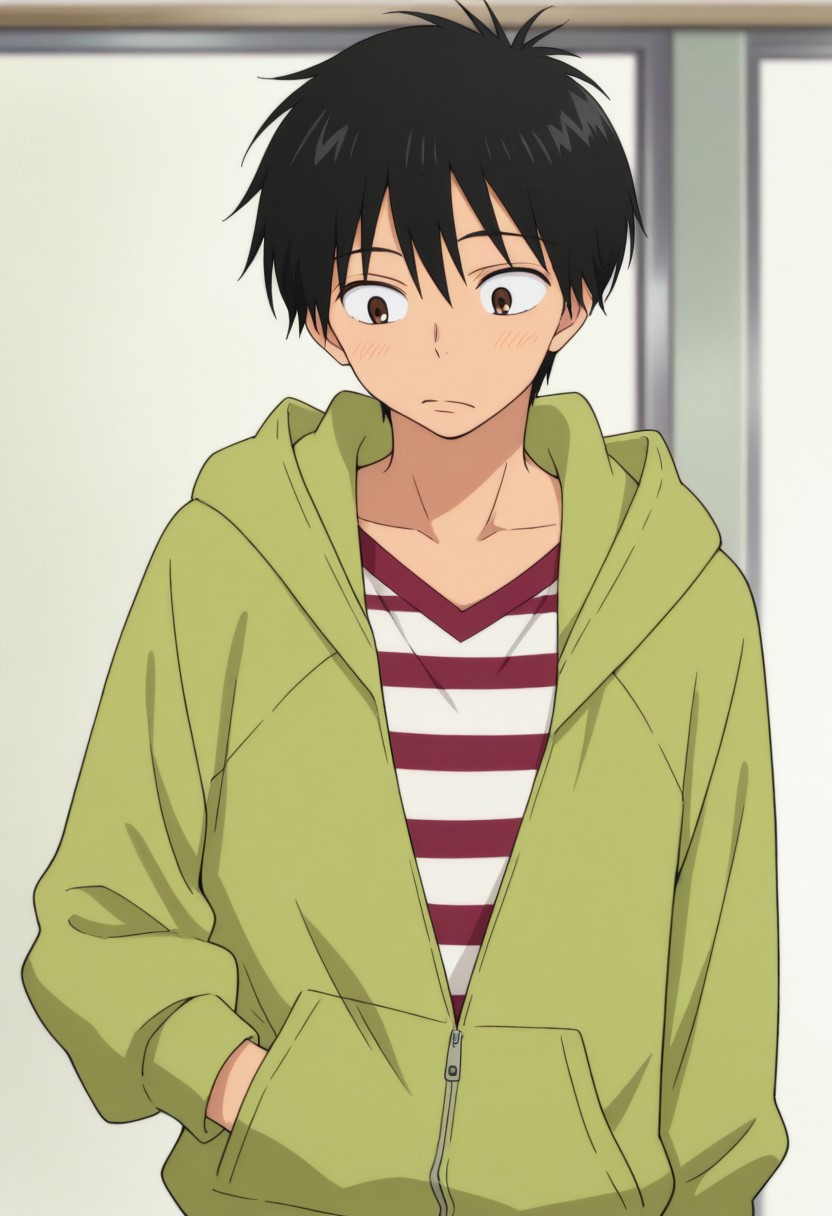 masterpiece,best quality,amazing quality, source_anime, 
kazahaya, 1boy, male focus, solo, brown eyes, black hair, green hoodie, hood, partially unzipper, striped shirt,