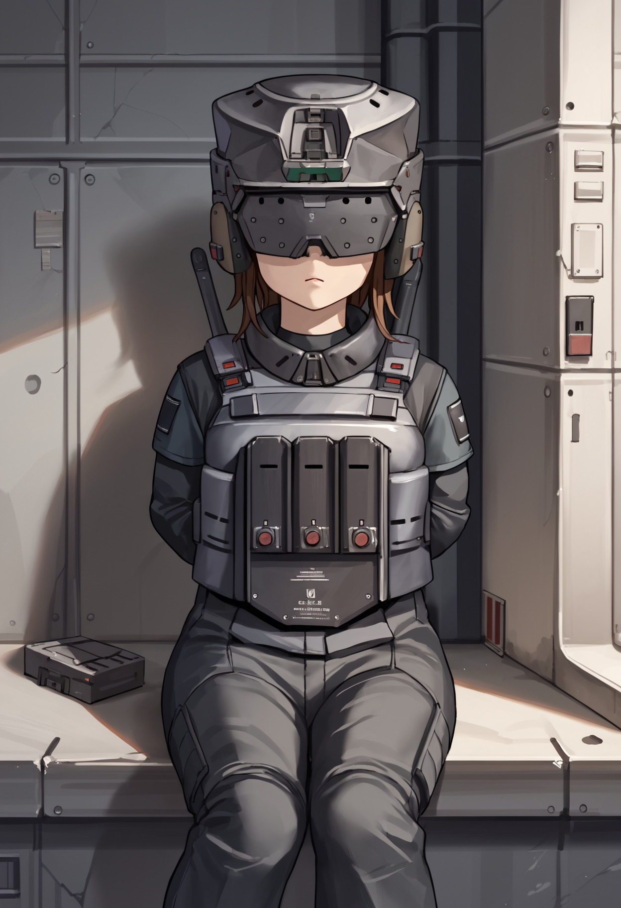 score_9, score_8_up, score_7_up, source_anime BREAK 1girl, solo, <lora:soldierow_lumi-nikke-richy-v1_pdxl:1> sdlrow, covered eyes, brown hair, short hair, helmet, black jacket, bulletproof vest, tactical clothes, black gloves, black pants, sitting, arms behind back, indoors, concrete walls, barracks, science fiction, military