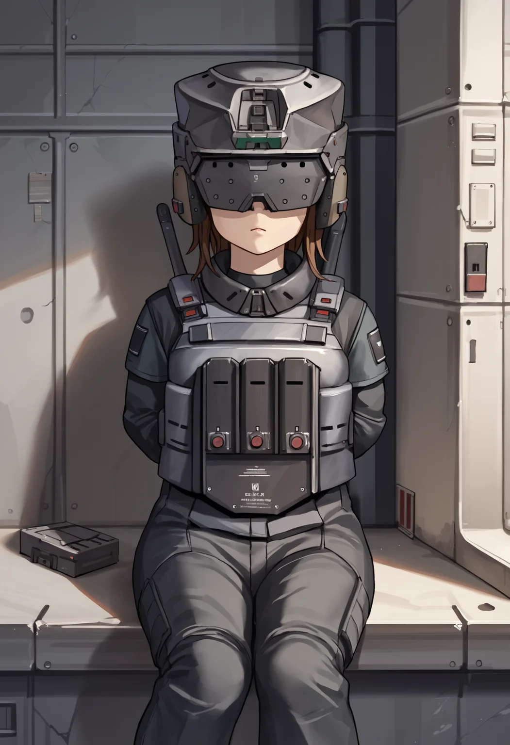 score_9, score_8_up, score_7_up, source_anime BREAK 1girl, solo, <lora:soldierow_lumi-nikke-richy-v1_pdxl:1> sdlrow, covered eyes, brown hair, short hair, helmet, black jacket, bulletproof vest, tactical clothes, black gloves, black pants, sitting, arms behind back, indoors, concrete walls, barracks, science fiction, military
