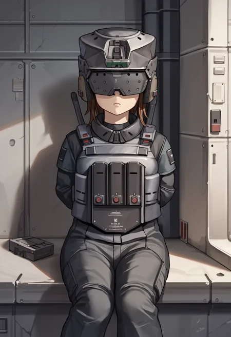 score_9, score_8_up, score_7_up, source_anime BREAK 1girl, solo, <lora:soldierow_lumi-nikke-richy-v1_pdxl:1> sdlrow, covered eyes, brown hair, short hair, helmet, black jacket, bulletproof vest, tactical clothes, black gloves, black pants, sitting, arms behind back, indoors, concrete walls, barracks, science fiction, military