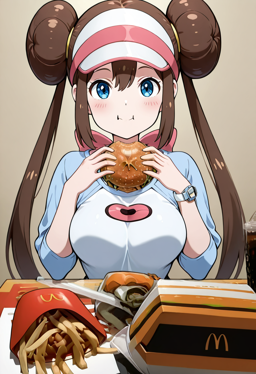 masterpiece, best quality, curvy, beautiful eyes, 1girl, solo, smile, looking at viewer,      McD4t3, eating, holding food, food on face, burger, french fries, ketchup,   ,<lora:McDate_with_2D_Waifu_IXL:1.0>,  BREAK, zzRosa, hair bun, blue eyes, twintails, visor cap, pantyhose, raglan sleeves, yellow shorts, shirt, pink bow, wristwatch, <lora:RosaPokemonIXL:1.2>,