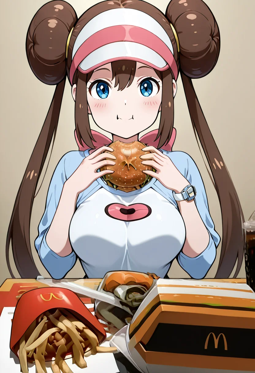 masterpiece, best quality, curvy, beautiful eyes, 1girl, solo, smile, looking at viewer,      McD4t3, eating, holding food, food on face, burger, french fries, ketchup,   ,<lora:McDate_with_2D_Waifu_IXL:1.0>,  BREAK, zzRosa, hair bun, blue eyes, twintails, visor cap, pantyhose, raglan sleeves, yellow shorts, shirt, pink bow, wristwatch, <lora:RosaPokemonIXL:1.2>,